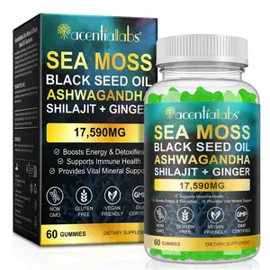 Sea Moss Gummies with Black Seed Oil, Ashwagandha, Shilajit & Ginger - 17590mg Natural Ingredients Supplement for Immune,Thyroid&Detox Support, 60 Count for Men & Women