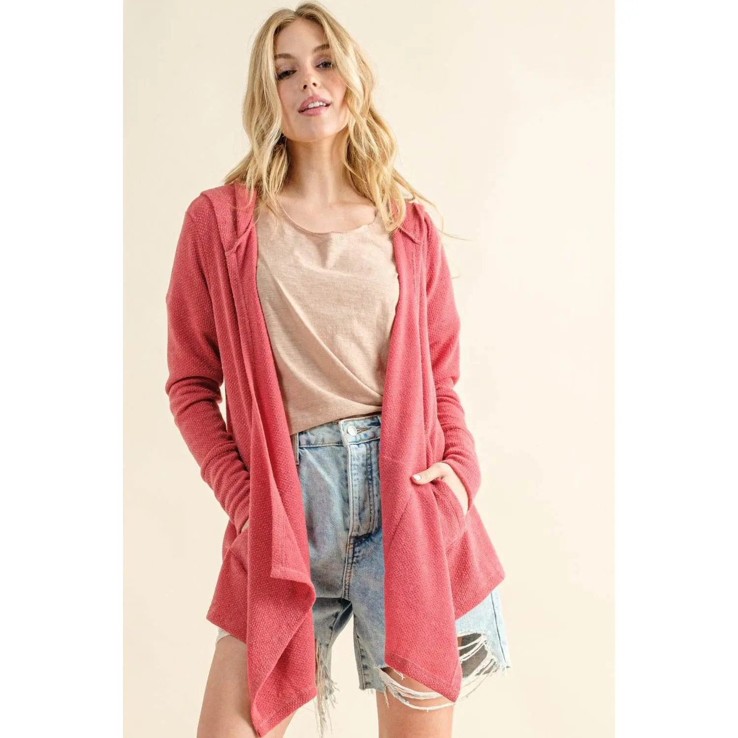 And The Why Full Size Thermal Hooded Open Front Cardigan with Pockets
