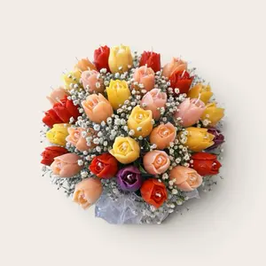 Colorful Tulip Candles Bouquet with Baby's Breath Vibrant Festive Floral Arrangement Perfect for Any Occasion Decor Ornaments