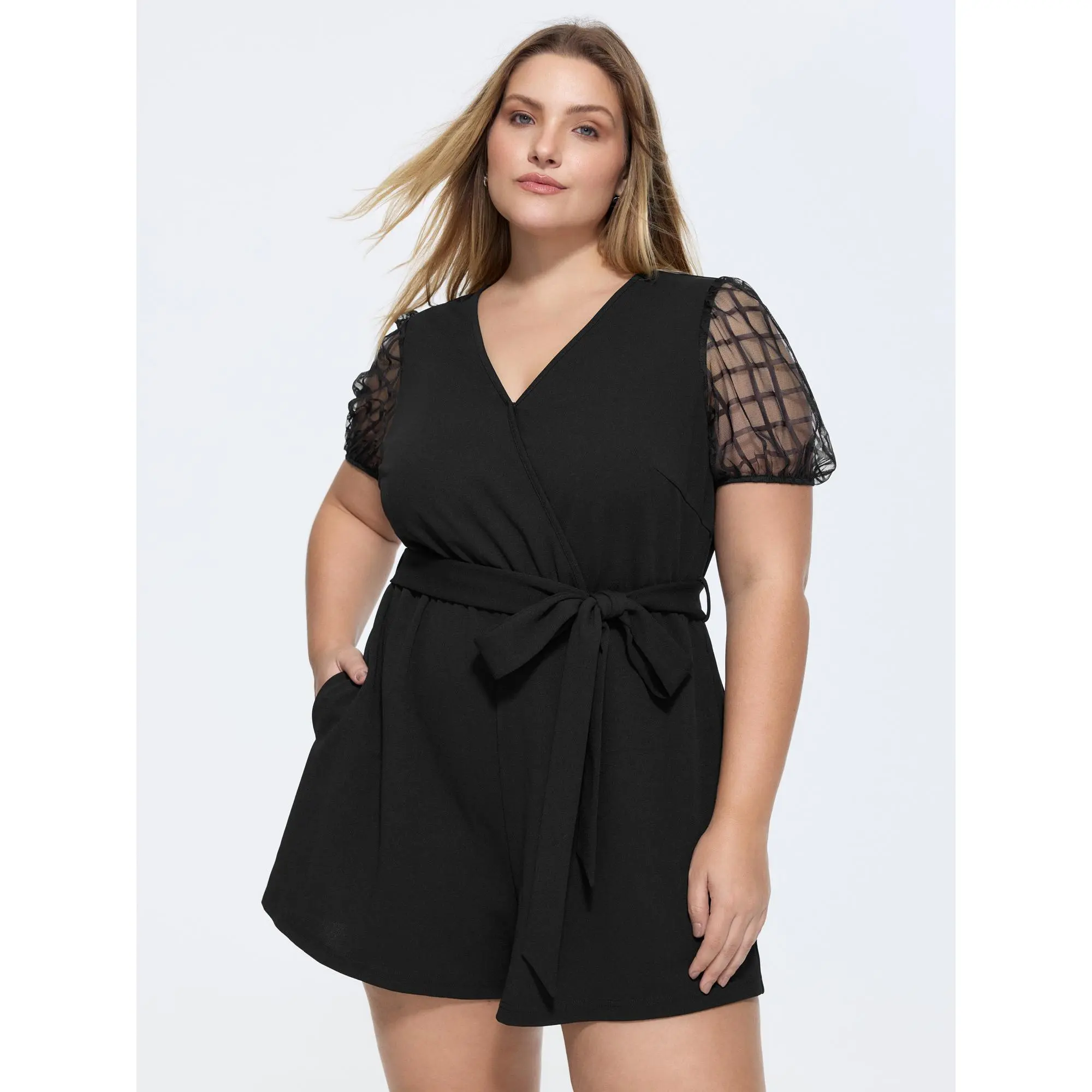 BloomChic Women's Plus Size Romper, Solid Business Wrap Garment in Polyester Blend with Sheer Sleeves and Waist-Tie Belt, Basic, Fabric