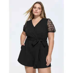 BLOOMCHIC Women's Plus Size Fitted Polyester Overalls - Sheer-Sleeve Wrap Romper with Pocket Waist-Tie Basic Fabric 2026 Spotlight Summer Exclusive Deals [M-6X],Summerfinds