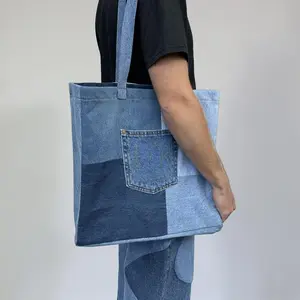 Eco-Friendly Denim Tote Upcycled Patchwork Bag with 3 Inside Pockets Thick Denim for Durability Sustainable Design Perfect for Everyday Use