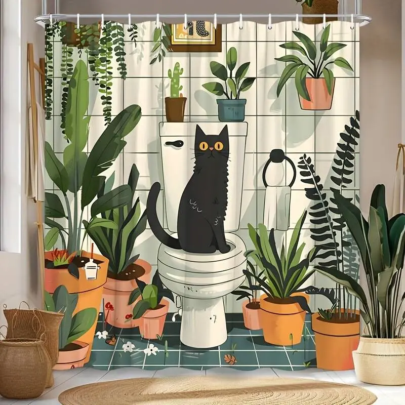 Modern Waterproof Polyester Decorative Shower Curtain Set, Plant Cat Pattern, Includes 12 Hooks, 70.8x70.8 Inch, Bathroom Decor And Accessories, Easy Installation, Bathroom Decoration Accessories