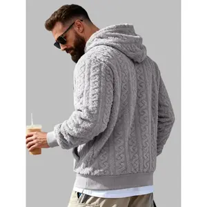 Men's Winter Fleece Hooded Sweatshirt, Teddy Velvet Jacquard Trendy Fashion, Loose Fit Large Size, Long Sleeve, Polar Fleece Fabric, Casual Style, Fleece Sweatshirts