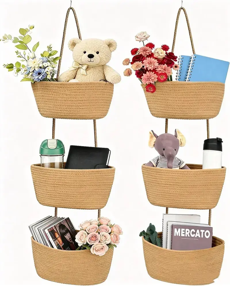 Handmade Woven cotton 3-Tier Over the Door Basket, Wall-Mounted Jute Storage Organizer-Decorative Nursery Baskets, Perfect for Busy Mom/Dad to Store Diapers & Toys small basket Gift Hook laundry basket house organizers decor storage basket giftsforfamily