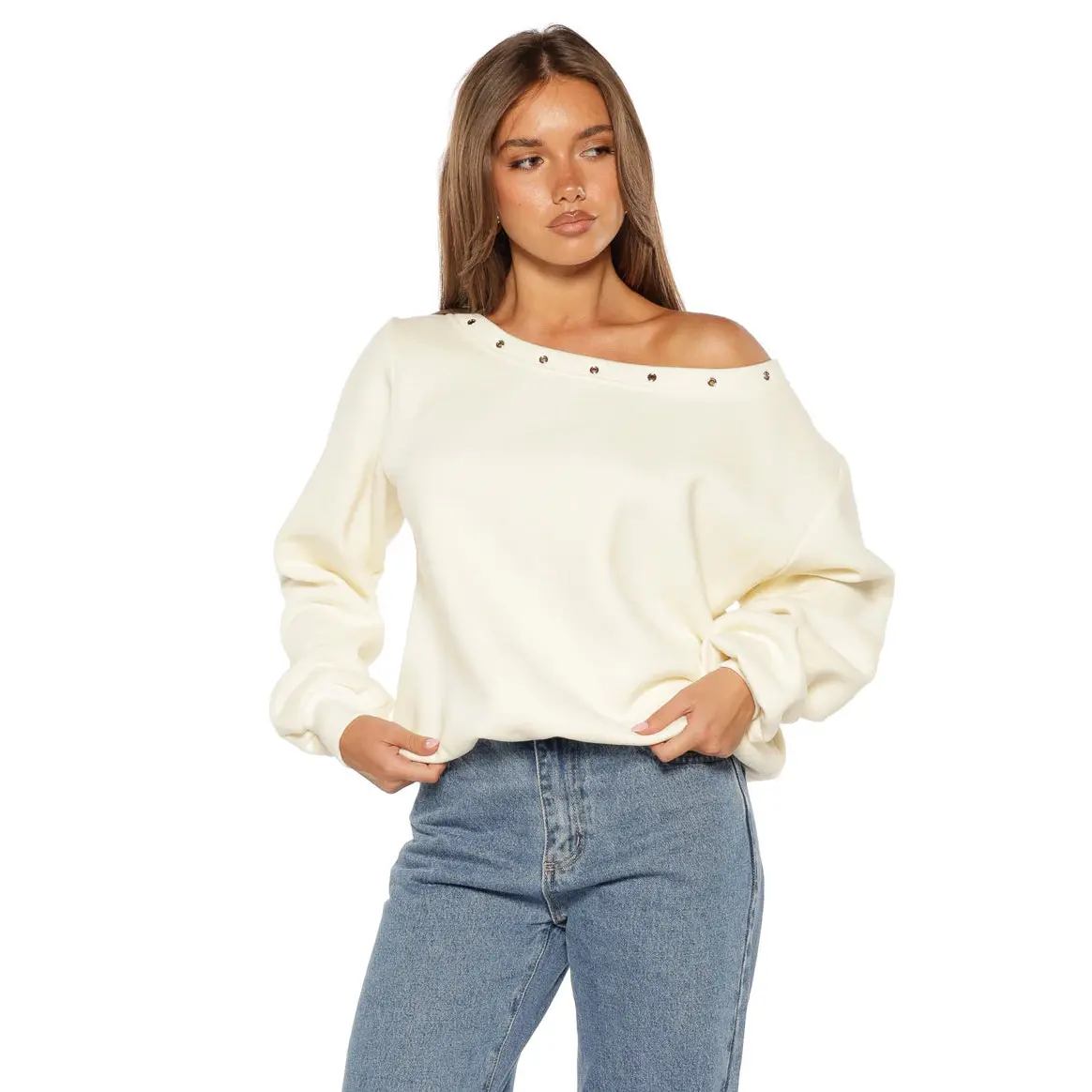 Bambi Cream Asymmetric Neckline Eyelet Sweater