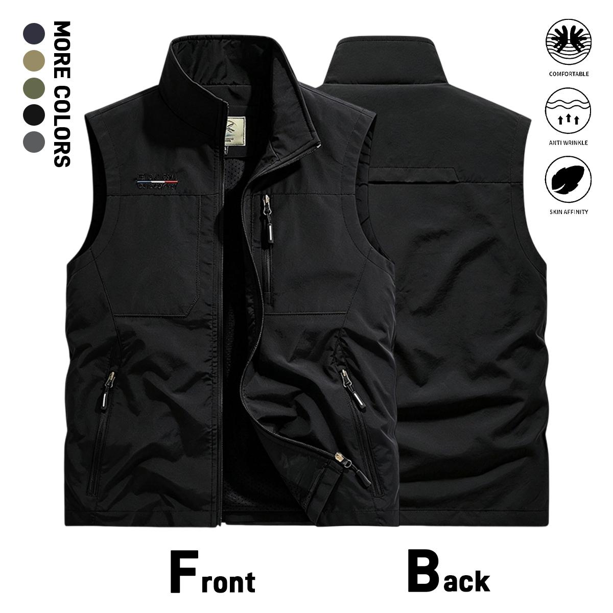 Men’s outdoor sleeveless vest, lightweight quick-dry zip-up stand collar cargo vest with multiple zippered pockets, casual vest for fishing, photography, and travel