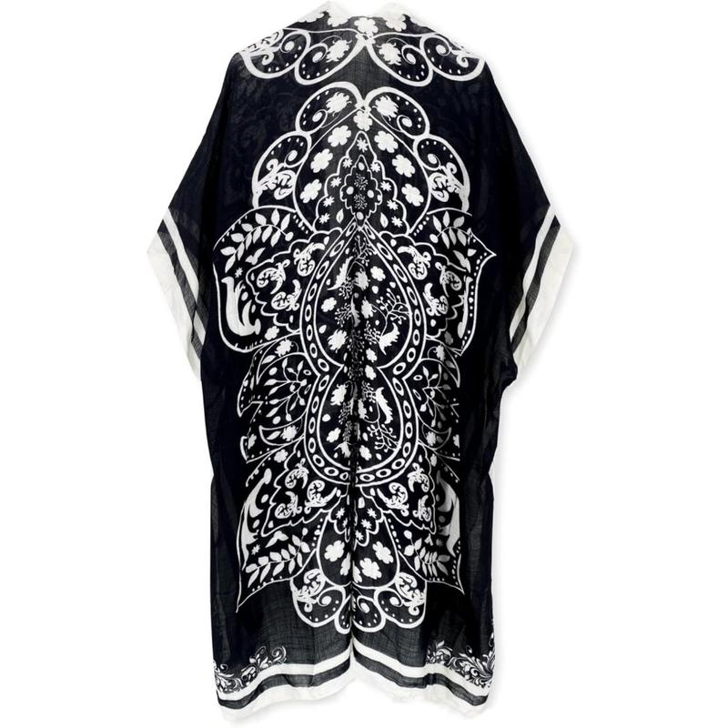 Black and White Kimono Cardigan for Women Lightweight Flowing Open Front Cover Up with Boho Ethnic Print Chic Monochrome Style Ideal for Summer Beach Vacation Cruise Pool Resort Travel Daily Layer for Sun Protection or Casual Outfits