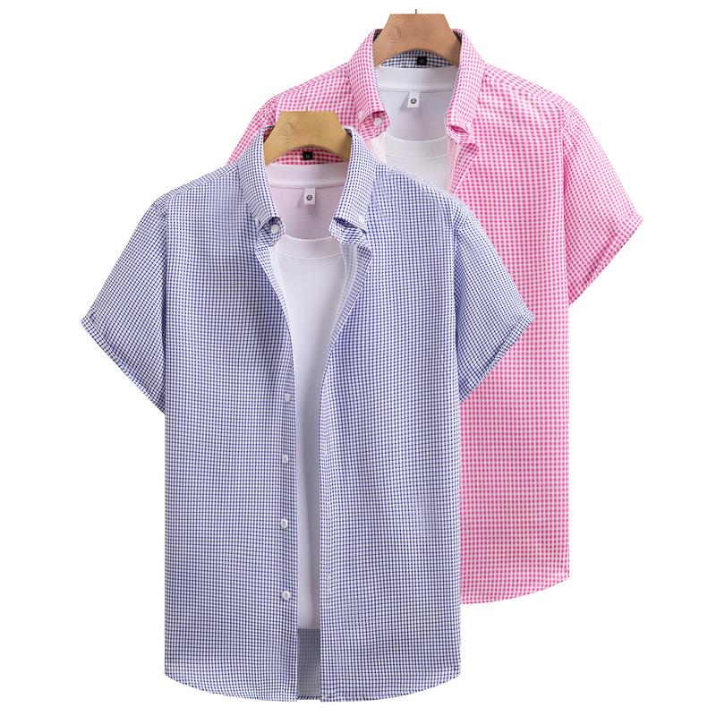 2 Pieces Men's Short Sleeve Plaid Buttoned Shirts, Casual Style, Suitable for Outdoor Activities, Beach, and Leisure Wear
