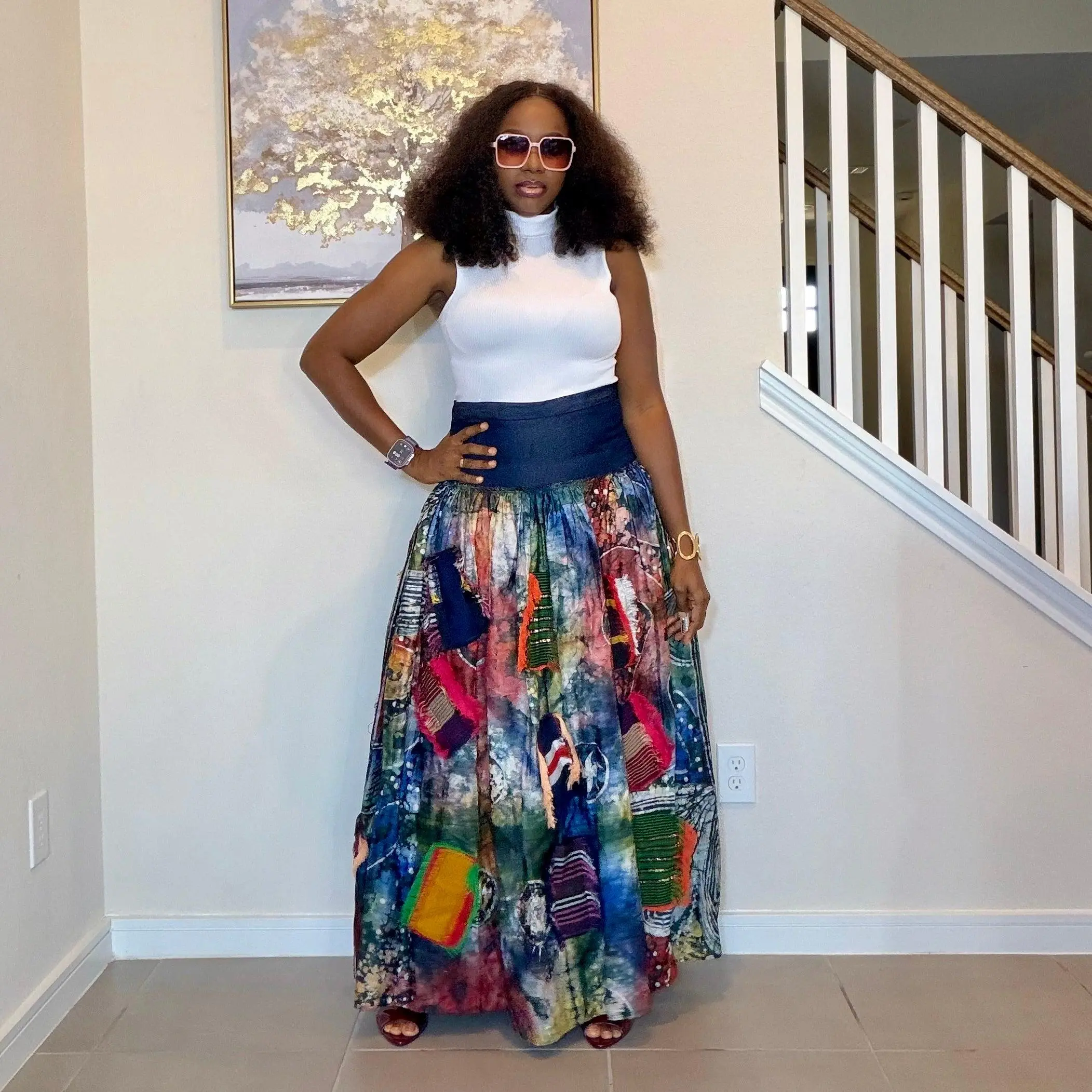 Adire Batik Maxi Skirt with Aso Oke Patchwork, High-Waisted African Print Long Skirt