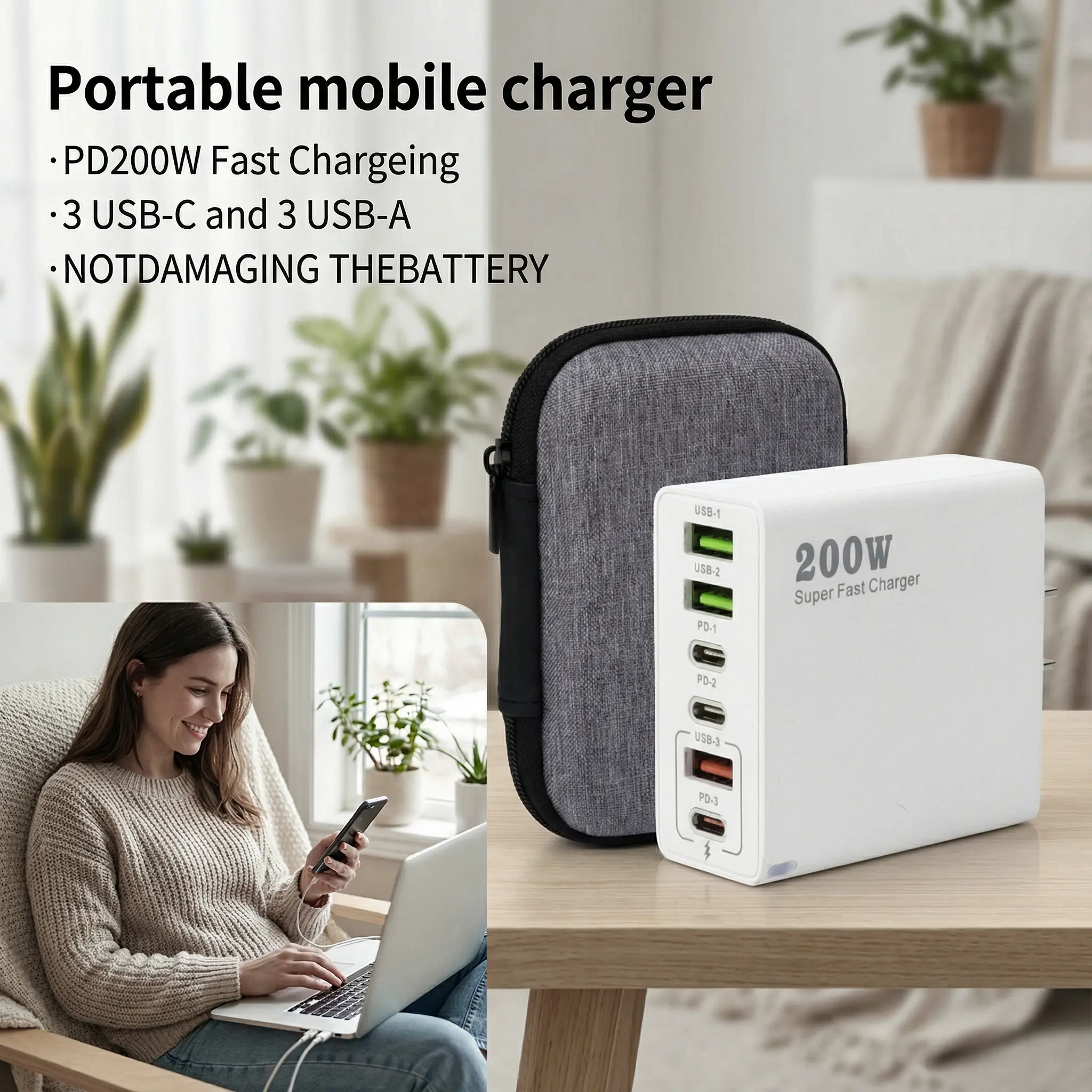 200W Compact Multi-Port Fast Charging Portable Charger - 3 USB-C, 3 USB-A Ports, Simultaneous Charging - On-the-Go Electronic Charger for iPhone, Samsung, Smartphone, Cellphone, Mobile Devices (Replaces Charging Stations)
