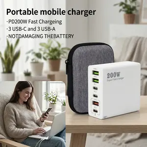 200W Multi-Panel Portable Fast Chargers 3 USB-C and 3 USB-A Supports simultaneous connection Compact Design Replaces Multi-Panel Charging Stations for iPhone Android Samsung