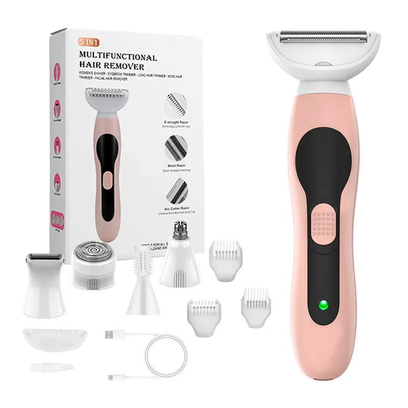 Five-in-one women's bikini line trimmer—a painless electric razor that leaves skin silky smooth; a cordless body shaver, equipped with 5 replaceable heads and easy to clean—is the perfect birthday gift for women and an ideal choice for summer.