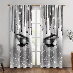 Shiny Eyelash Print Curtains Set, Fashionable Rod Pocket Window Drapes, Room Decor Curtain, for Bedroom & Living Room, Comfortable Atmosphere, Easy Installation
