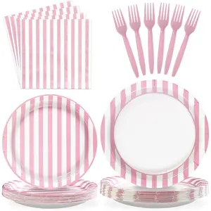 96Pcs Pink Striped Party Supplies Pink and White Stripe Plates and Napkins Disposable Pastel Striped Carnival Decoration Favors for Girls Birthday Wedding Bridal Baby Shower Summer BBQ Party Serves 24