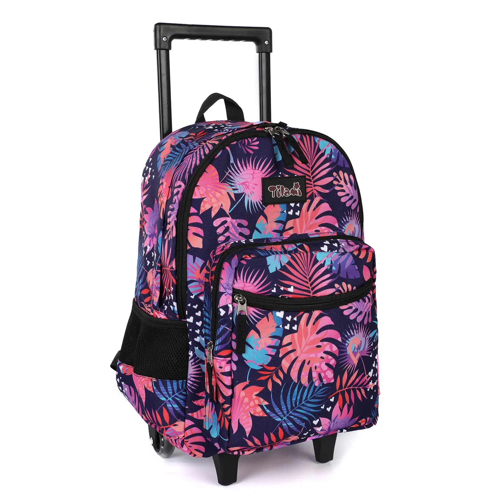 Tilami Rolling Backpack 18 inch Double Handle Wheeled Boys Girls Travel School Luggage Trip, Leaves Pink
