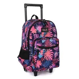 Tilami Rolling Backpack 18 inch Double Handle Wheeled Boys Girls Travel School Luggage Trip, Leaves Pink