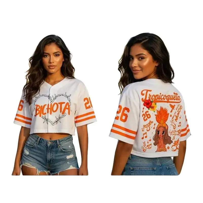 Tropicoqueta Girl Doll Croptop Jersey, Viajando Por El Mundo Tropitour 2026 Baseball Shirt, Latin Music Tour Fan Apparel