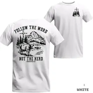 Women's Faith 2025 Follow The Word Not The Herd Crew Neck Short Sleeve Casual T-Shirt - Fabric, Cross Cow Mountain Graphic, Evangelical Christian Message, for Church or Outdoor Wear, Unisex Tops