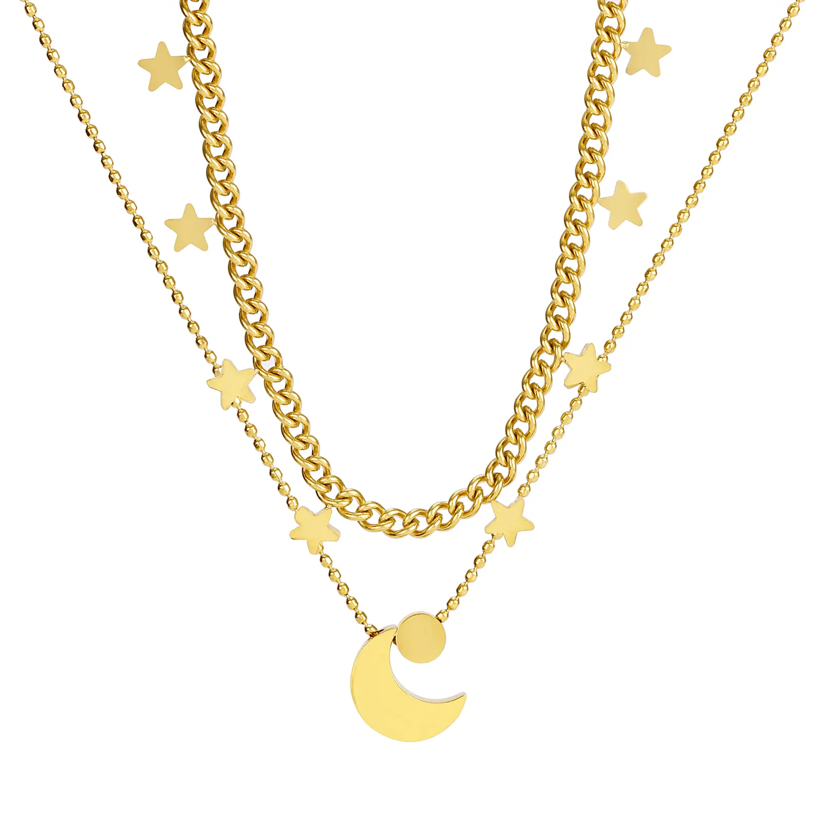 OIDEA Women's Star Moon Cuban Link Multi-Strand Chain Necklace - Stainless Steel Layered Choker with Gold-Tone Celestial Pendant, Adjustable Crescent Moon Chain Strap Necklace, Thin Layered Statement Gold-Tone Metallic Birthday Gift, Crescent Moon Necklac