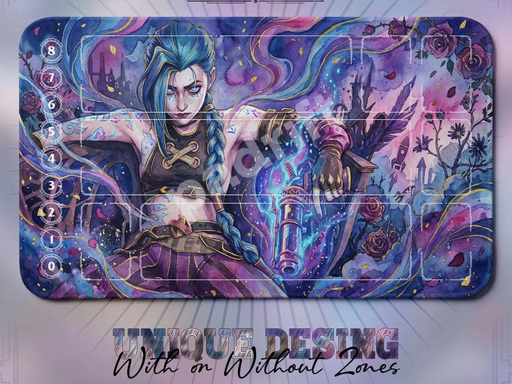 Jinx Violet Storm TCG Playmat — Riftbound LoL Card Mat 24x14 With Zones