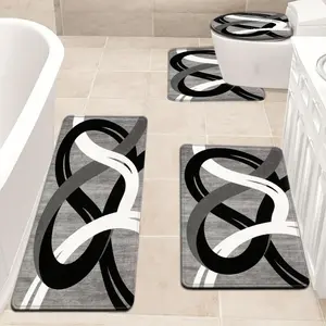 3pcs/4pcs Bathroom Rug Set, Modern Abstract Swirl Black White Grey Bath Mat Set, Non Slip Absorbent Soft Microfiber Bathroom Mats with Toilet Lid Cover & Contour Rug, Machine Washable Bath Rugs for Bathroom Shower Decor