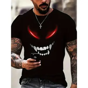 Mens Devil Smile Graphic Cotton TShirt Featuring Bold Red Eye Design Comfortable Casual Wear Suitable for Fitness Daily Leisure