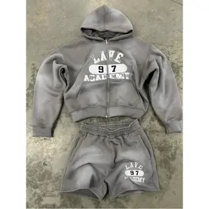Men's zip-up hoodie and shorts set, featuring gothic fonts and cross patterns - a casual streetwear outfit suitable for urban style