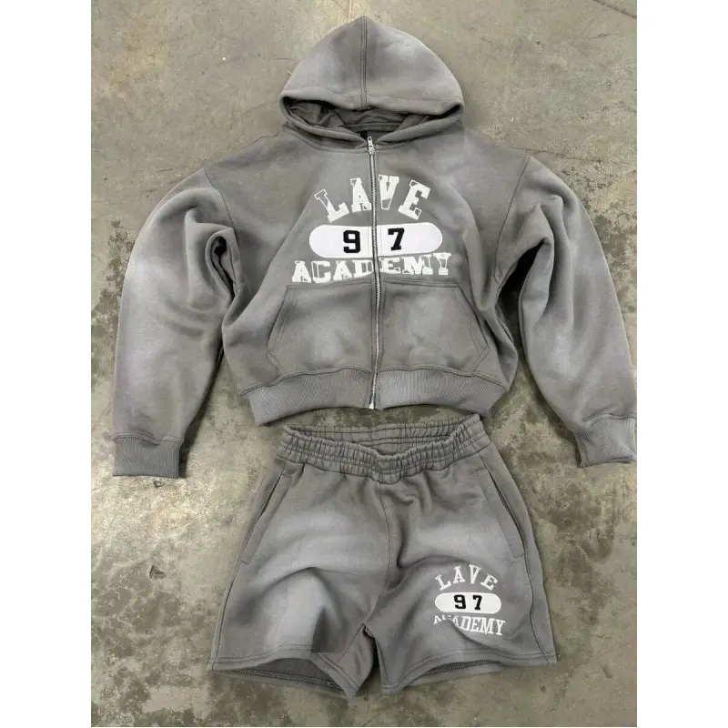 Men's zip-up hoodie and shorts set, featuring gothic fonts and cross patterns - a casual streetwear outfit suitable for urban style