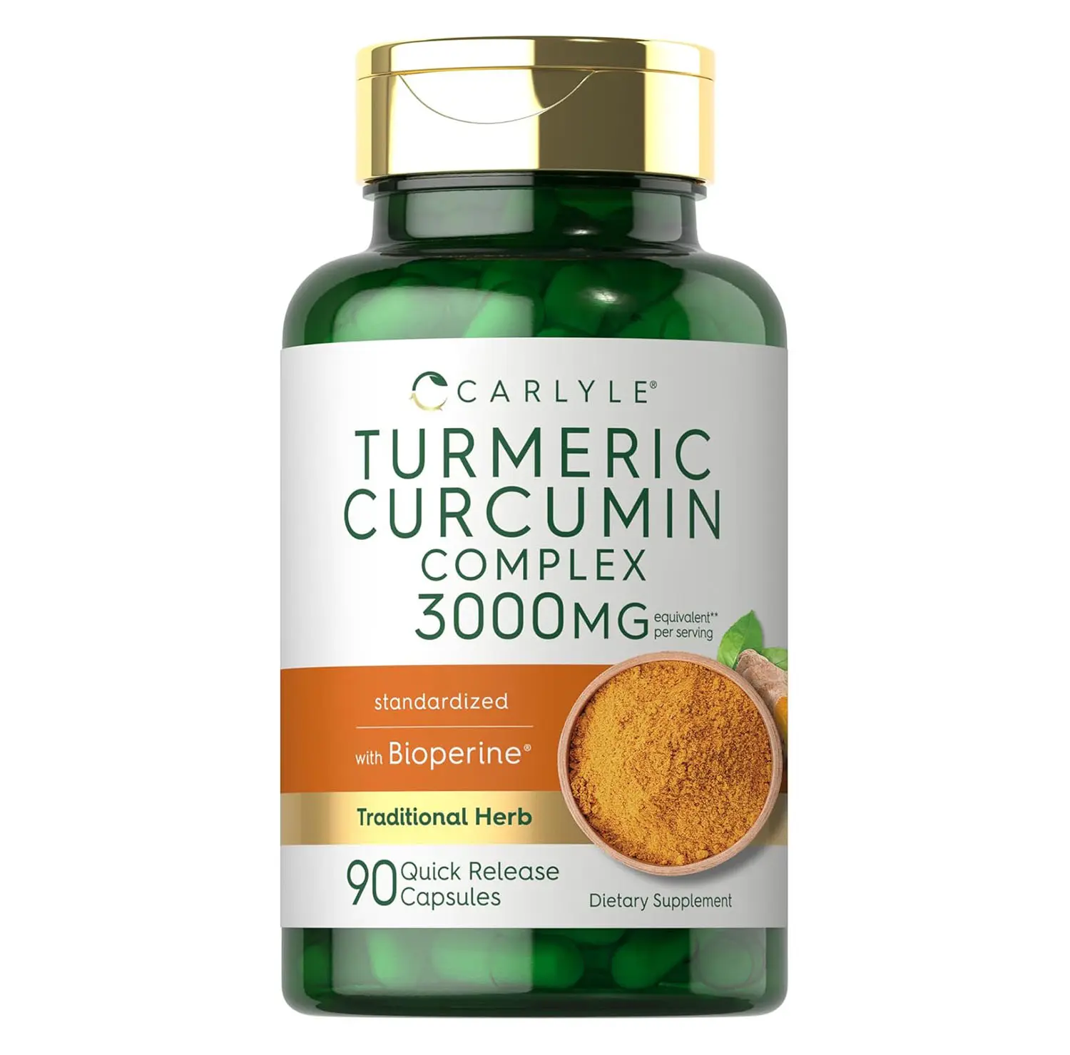 Carlyle Turmeric Curcumin with Black Pepper | 90 Powder Capsules | Complex Supplement with Bioperine | Non-GMO, Gluten Free