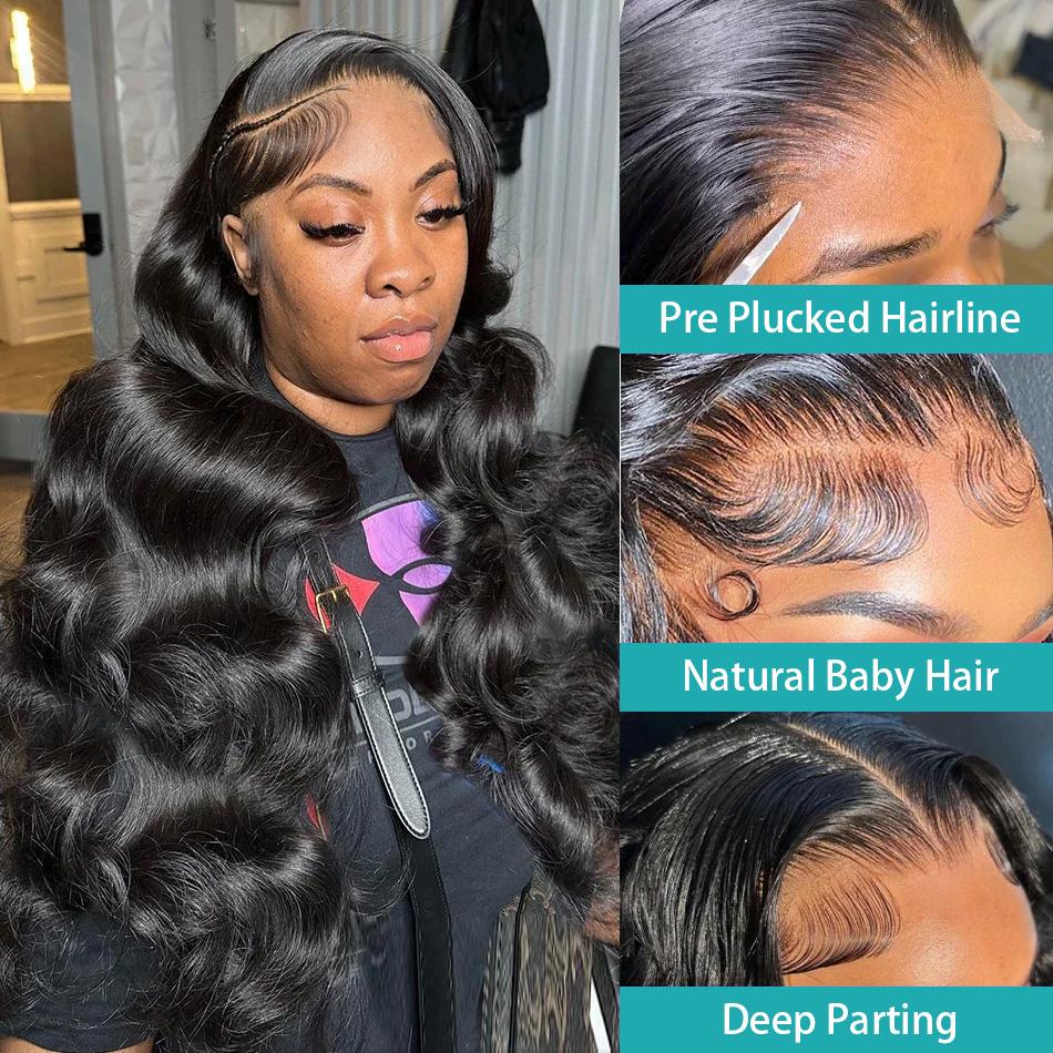 Mylockme Hair 13x4 Body Wave Lace Front Wigs Human Hair Pre Plucked HD Transparent 13x6 Lace Frontal Wig 180% Density Brazilian Virgin Human Hair Lace Front Wigs for Women Natural Black Color