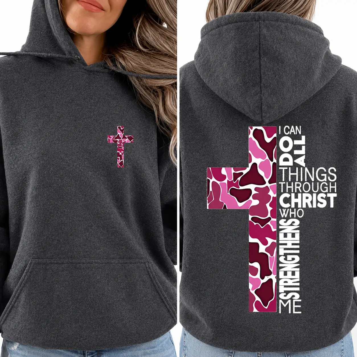 Women Pink Camo Cross Faith Hoodie I Can Do All Things Through Christ Graphic Hoodie Christian Religious Sweatshirt Double Sided Print Soft Cotton Hoodie Faith Based Jesus Gift For Her Western Casual Pullover Made In USA