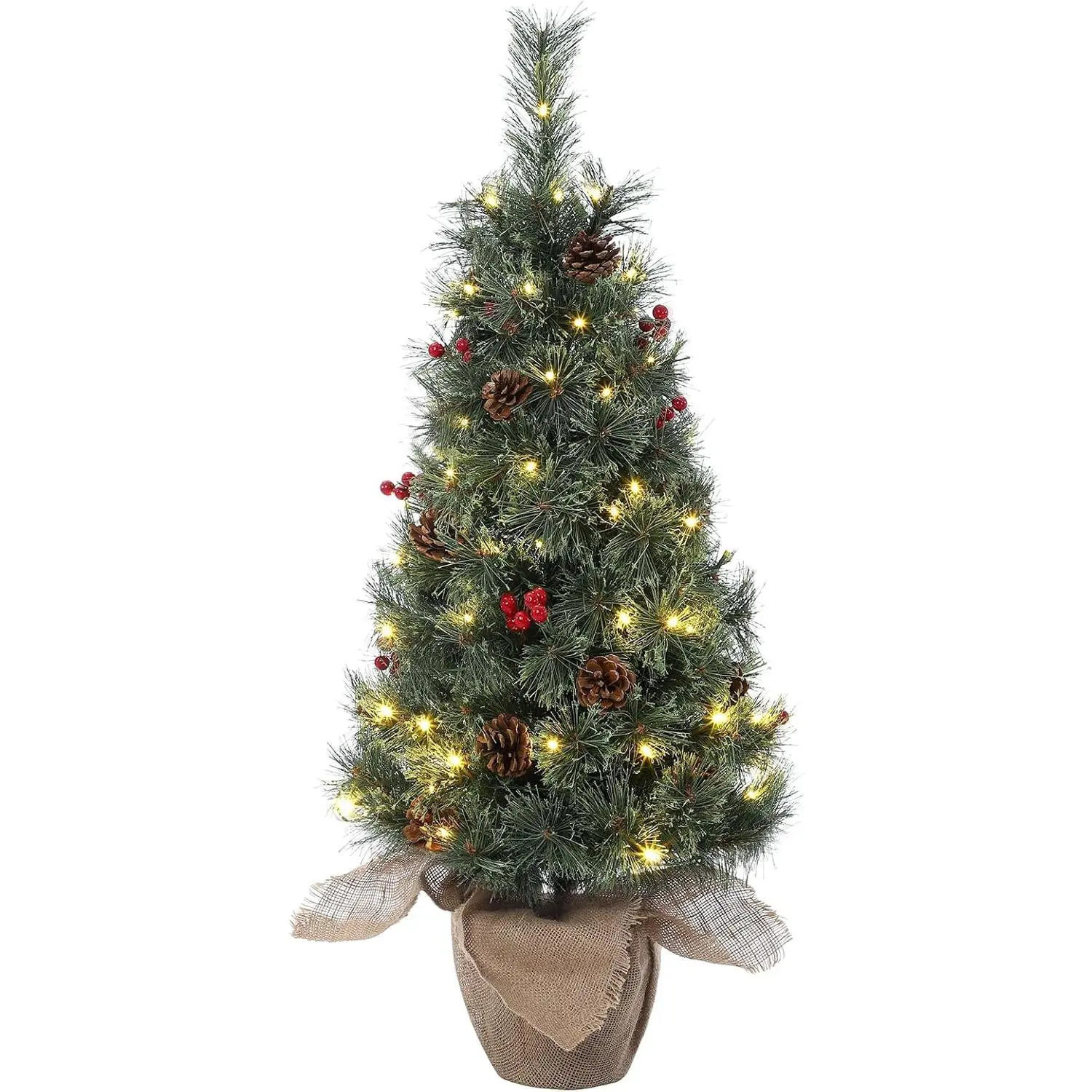 GARVEE Christmas Tree 90cm Artificial with 78 Lights, Battery Operated, 8 Modes LED, Jute Base, PE Pine Needles, Tabletop Christmas Tree with Metal, Pine Cones, and Red Berries, Christmas Decoration for Home, Office