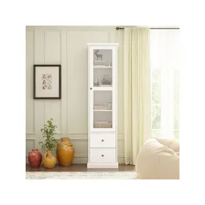 FUFU&GAGA 68.9" Tall Tempered Glass Door Display Bookcase w/ 2 Drawers Bookshelf Furniture