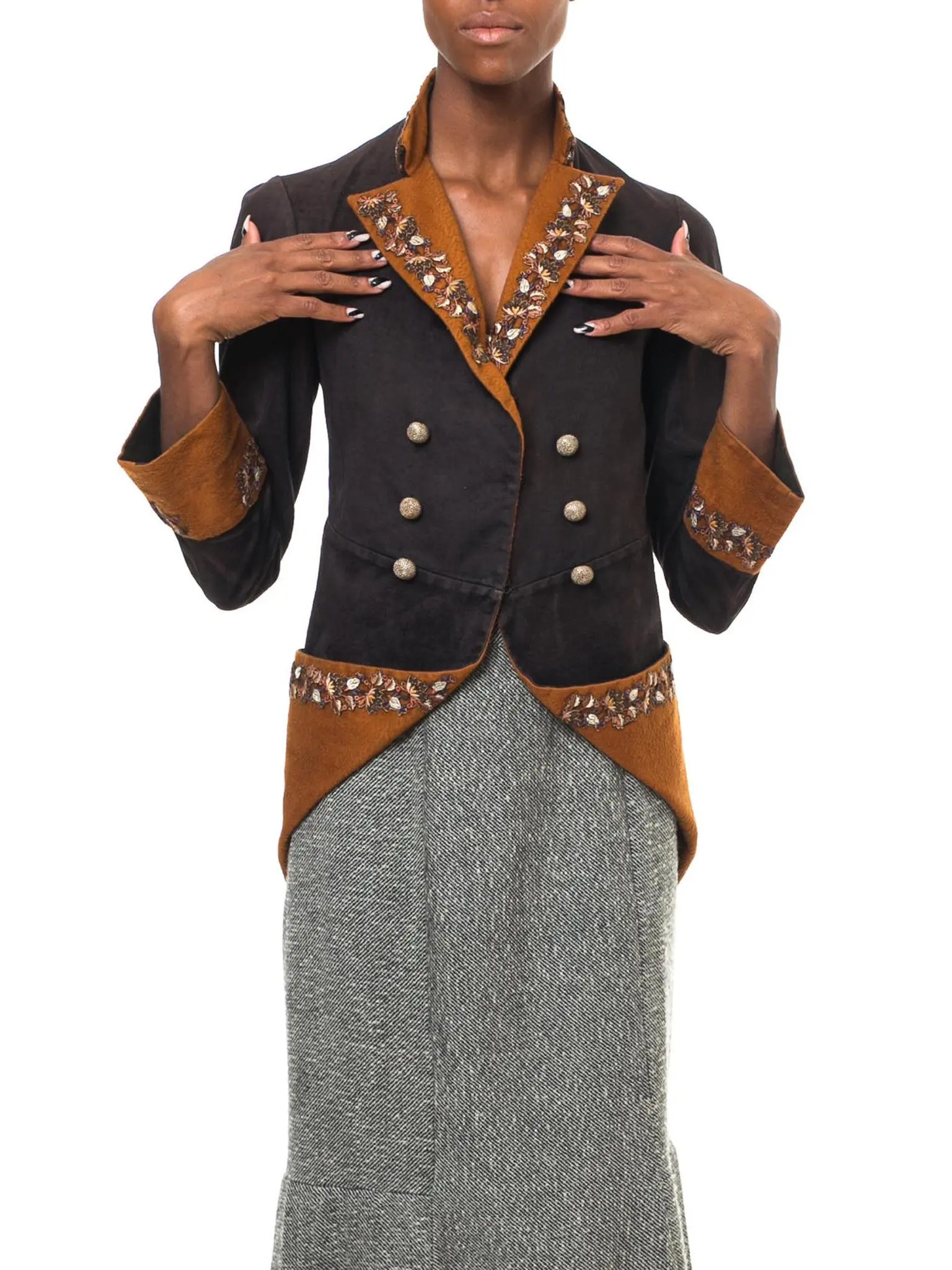 Victorian Brown Cotton & Wool Velveteen 1880S 18Th Century Revival Redingote Jacket With Floral Embroidered Trim 60'S Gold Buttons