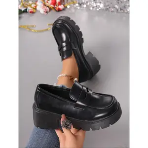 Fashionable Thick Sole Korean Chunky Loafers, British Style Casual Shoes, PU Leather Upper, Rubber Sole, All Seasons Wear