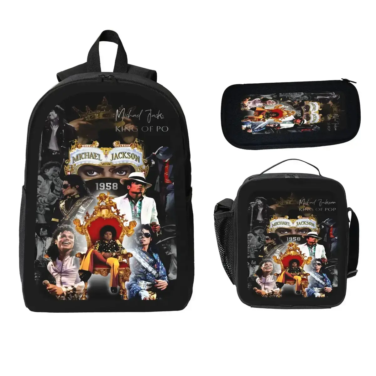 King of Pop Michael Jackson 3-in-1 Backpack Merch Set, Themed School Bookbag with Matching Lunch Box & Pencil Pouch, Must-Have Accessory for Teen MJ Fans
