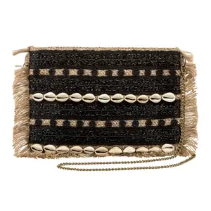 Alex Max Moku Cowrie Seashell Beaded Jute Clutch Crossbody, Black
