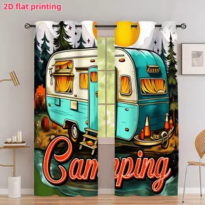 2D Flat 2Pcs Retro Camping Trailer Printed Curtains, Vintage Camper Caravan and Forest Scenery Design, Grommet Top Semi Sunshade Window Drapes, Suitable for Living Room Bedroom Balcony Study Shower Decoration, Accessory, Anti