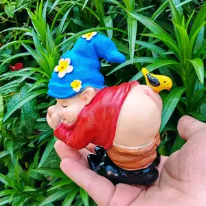 Whimsical Garden Gnome Statue, Resin Figurine with Blue Overalls & Floral Hat, Indoor Bathroom, Vanity, Outdoor Garden Decor