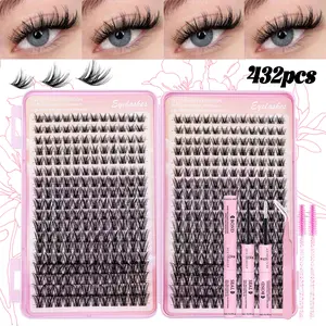 Natural Eyelash Cluster Set, Mixed Curl Synthetic Fiber Lashes, DIY Eyelash Extensions, DIY Home Application Kit with Glue, Sealer, Tweezers, Brush