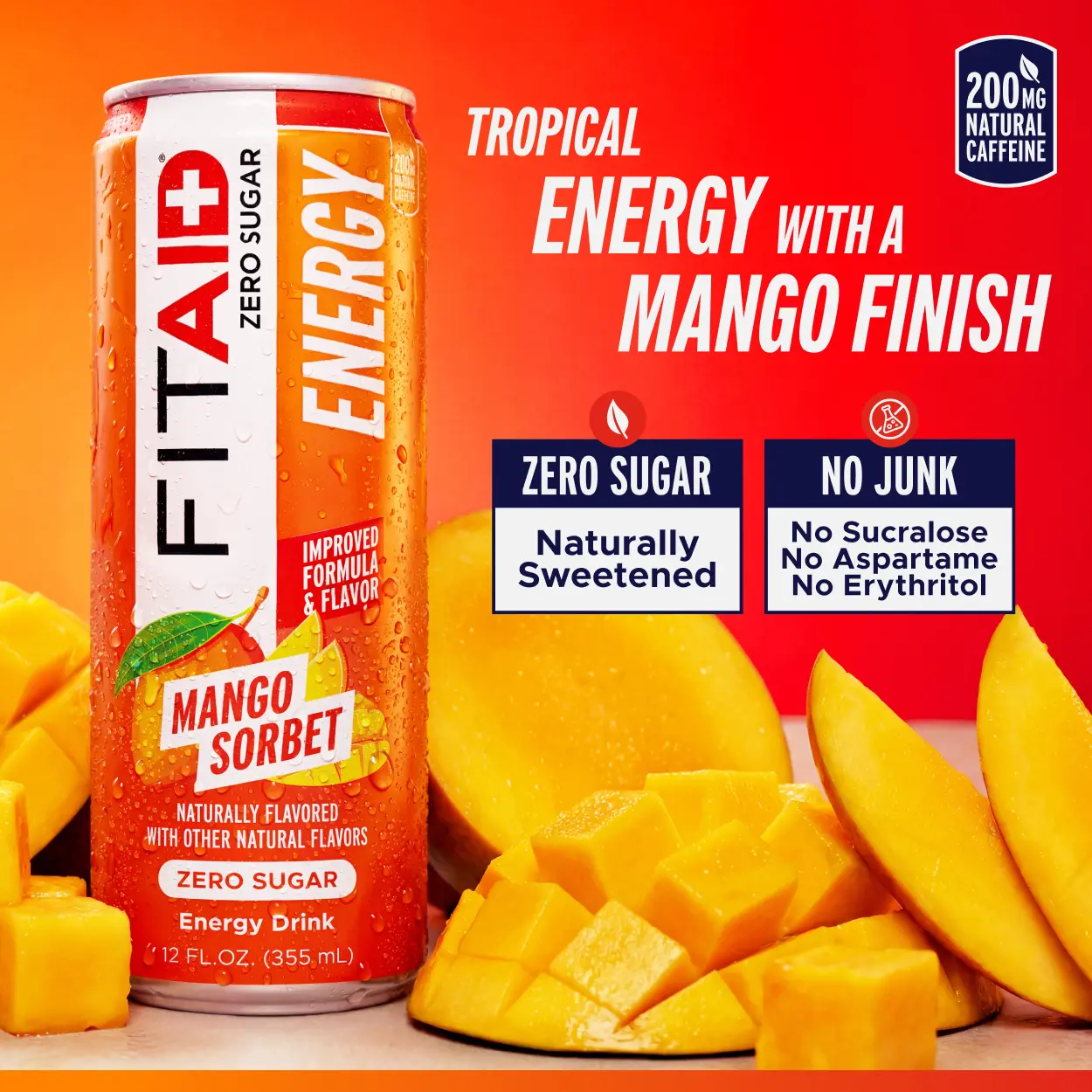 FITAID Energy, Zero Sugar Energy Drink, Mango Sorbet, 200mg Natural Caffeine from Green Tea,  Electrolytes, 14 Vitamins and Supplements No Sucralose