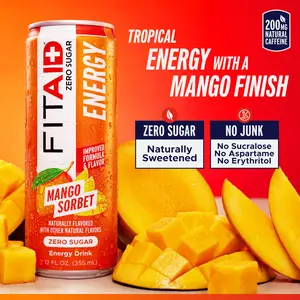 FITAID Energy, Zero Sugar Energy Drink, Mango Sorbet, 200mg Natural Caffeine from Green Tea,  Electrolytes, 14 Vitamins and Supplements No Sucralose