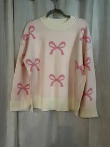 Womens Pink Bow Sweater - Soft Knitwear for Everyday Wear - Womenswear