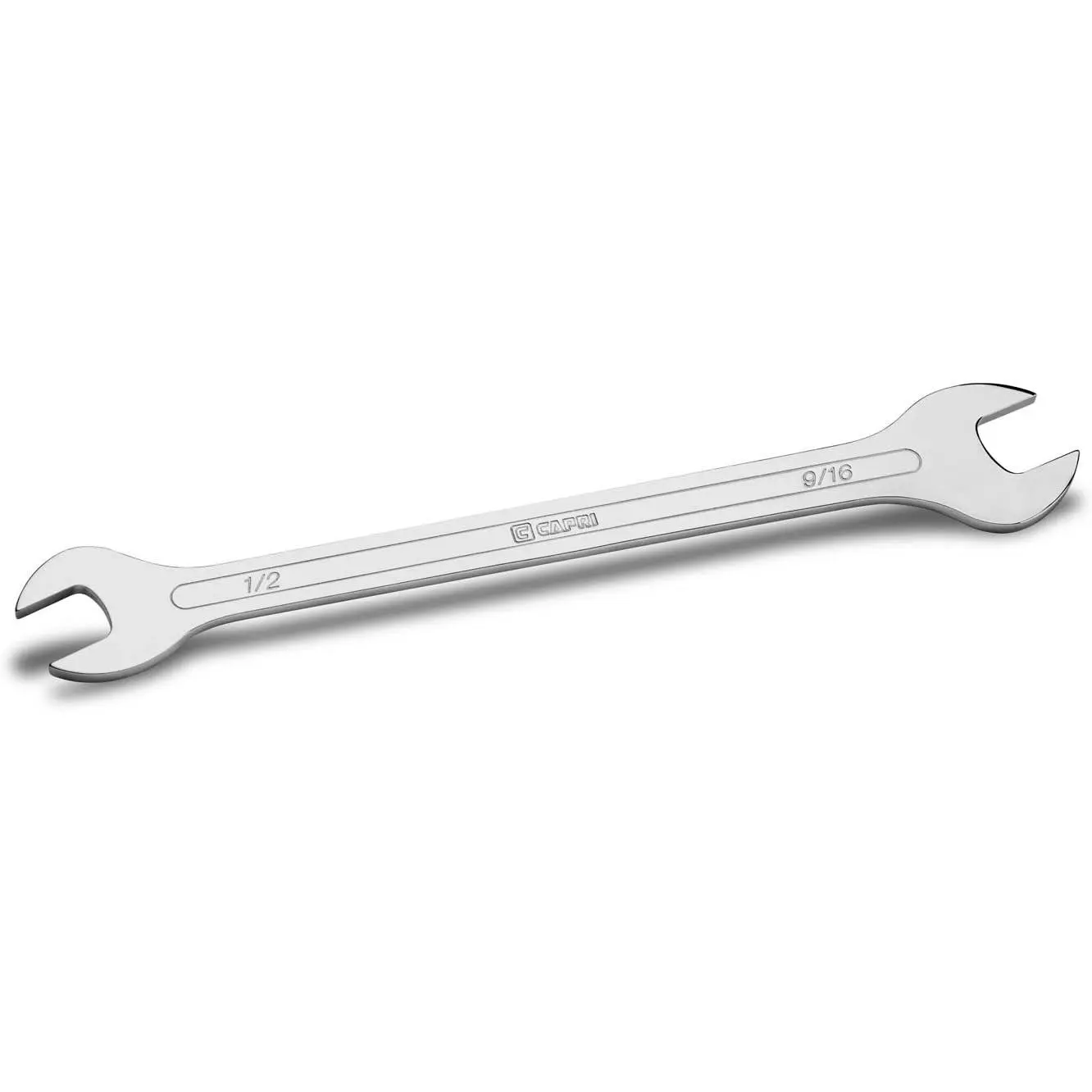 Capri Tools Ultra-Thin Open End Wrench, 1/2 in x 9/16 in SAE Standard, 15-Degree Angle, Chrome Plated, Corrosion Resistant, 10-Step Heat Treatment, Ideal for Fasteners in Tight Spaces (11850-12916), Fasteners In Tight Clearance, Flawless Chrome Plating