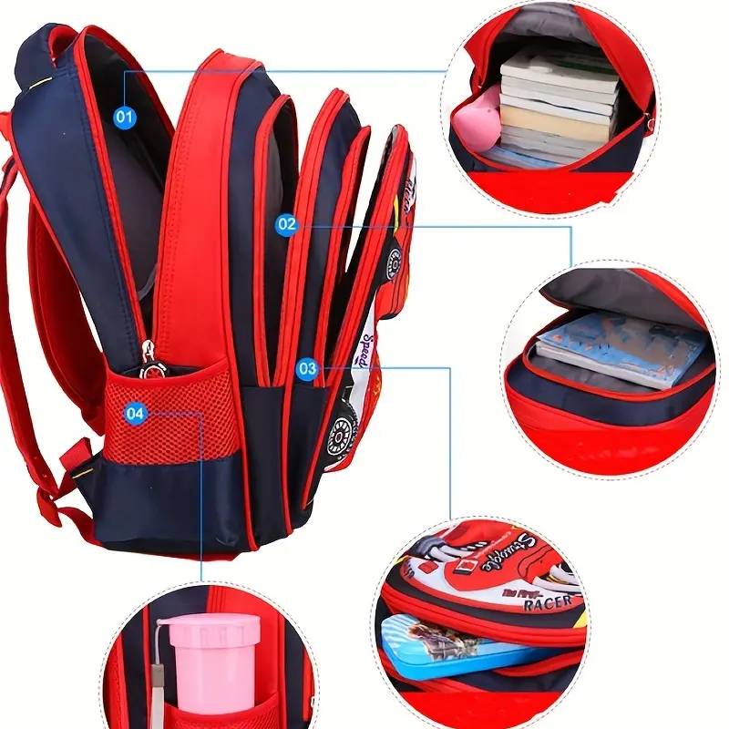 Boy's Medium Size Nylon Blend School Bag - Cute Cars Design, Back Protection, Load-Reducing Kids' Fashion Backpack