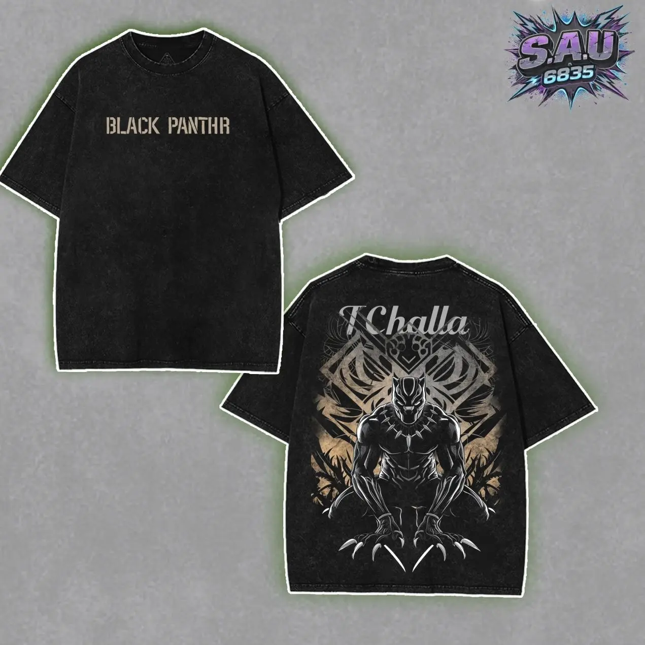 Black Panther Graphic Shirt - Urban Streetwear Washed Boxy-fit Tee, Retro Superhero Tribal Aesthetic Graphic Tops, Heavyweight Cotton Casual Apparel, Gift for Comics Fans Menswear 3W8