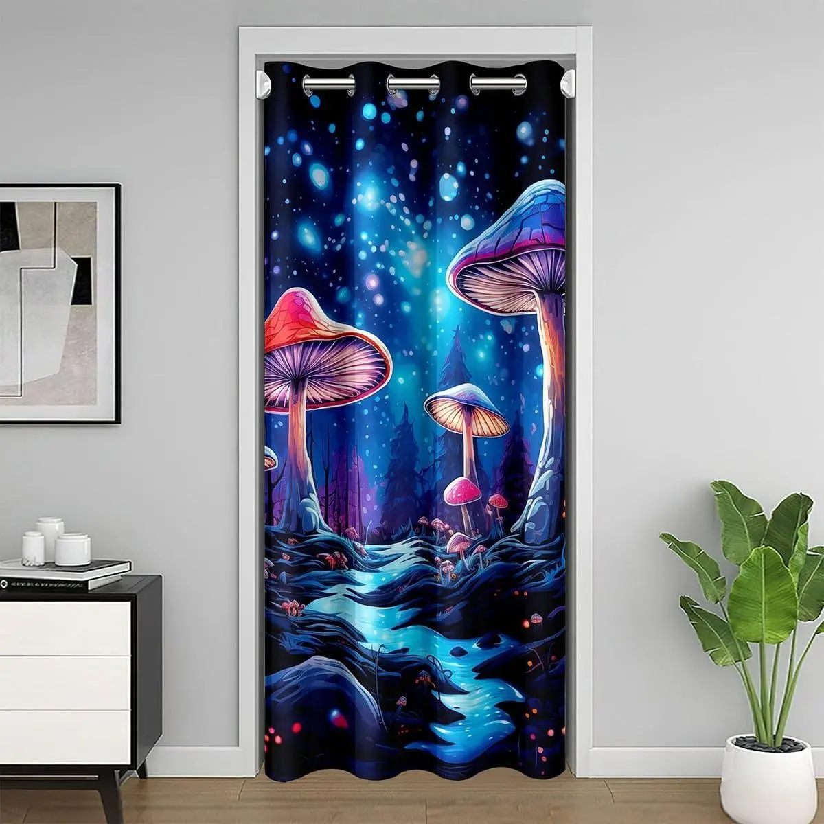 Cartoon Mushroom Door Curtain Mysterious Nature Jungle Doorway Curtain Mushrooms Botanical Darkening Blackout Curtain Glitter Polka Dot Drape Bedroom Privacy