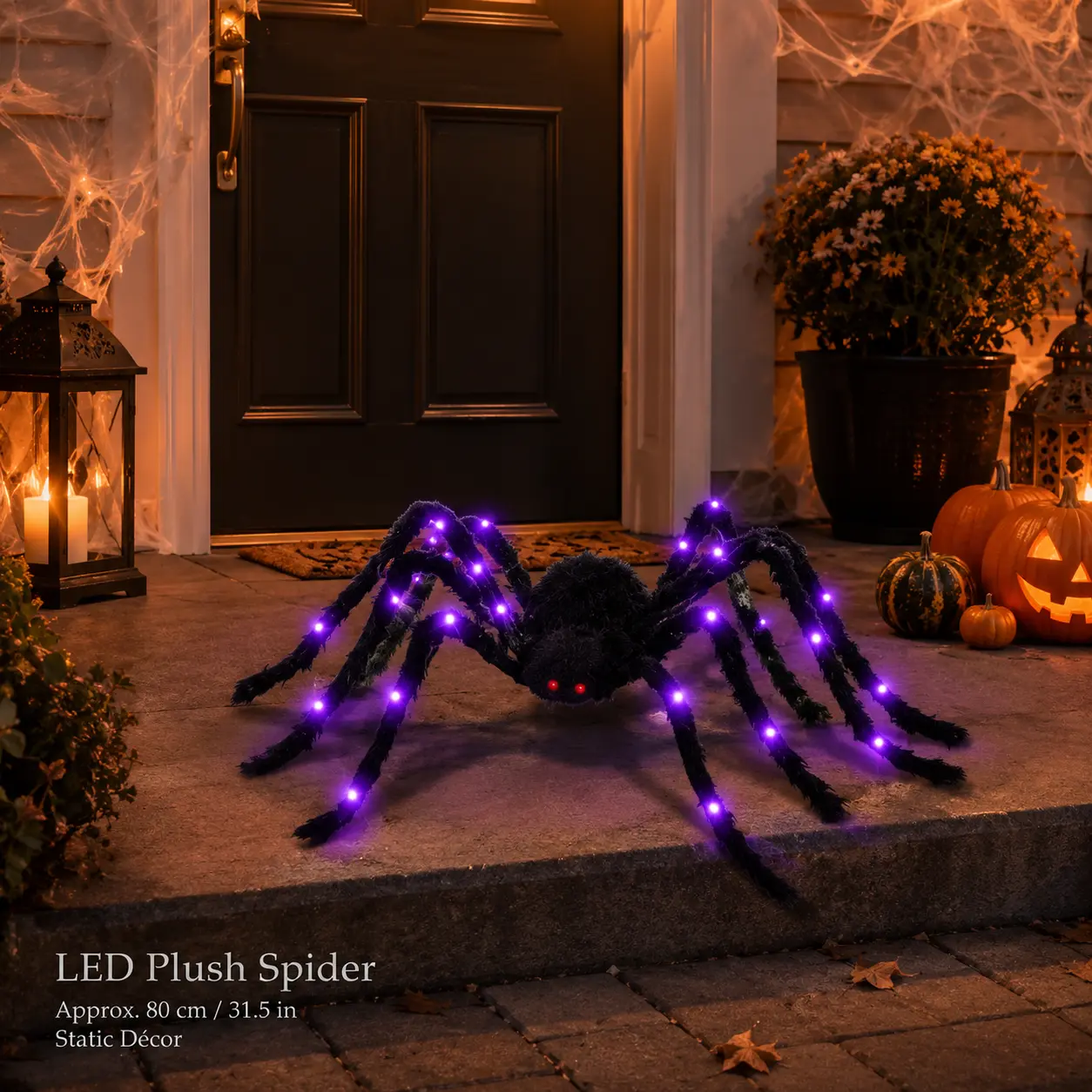 80cm Light-Up Plush Spider Decoration, Static Non-Moving Halloween Prop with Purple LED Lights, Bendable Legs for Wall, Porch, Indoor-Outdoor Collectible Décor