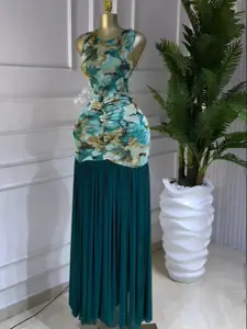 PULKRITU Women's Printed Ruched Stacked Bodycon Fitted A-Line Long Evening Dress, Fall Winter Holiday Party Gown, Elegant Chic Formal Party Wear, Bodycon Sleeveless Dress